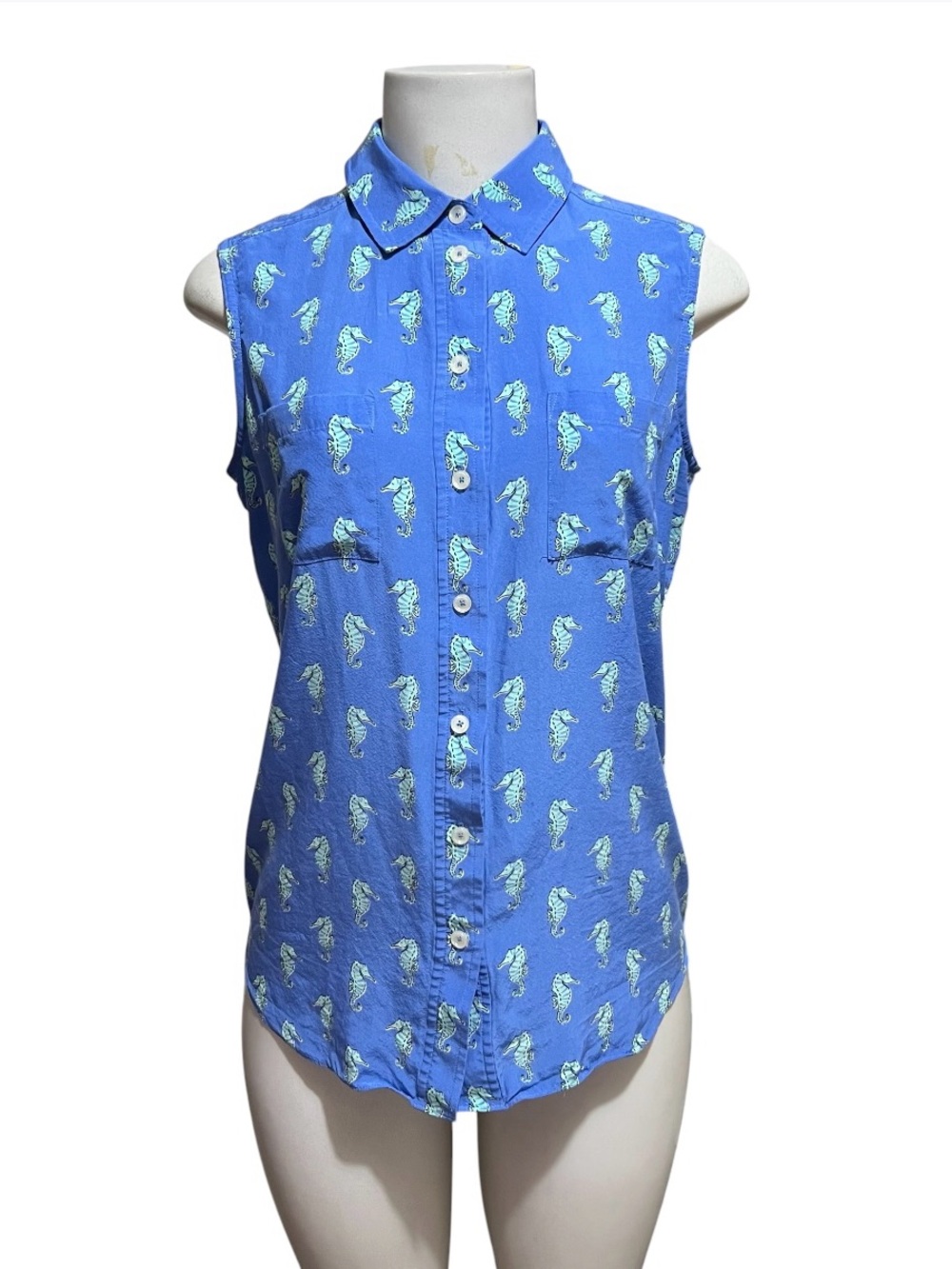 Kate Spade Shirt Blue Top Seahorse Sleeveless Silk Blouse Coastal Beachy Casual